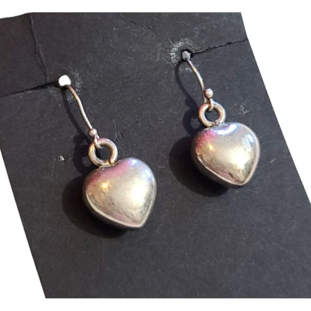 Vintage Sterling Silver 925 Heart Dangle Drop Earrings Silver Tone